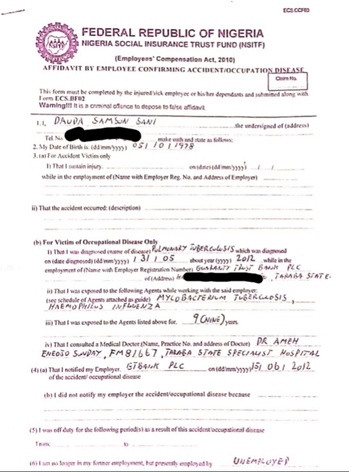 One of the forms submitted to NSITF