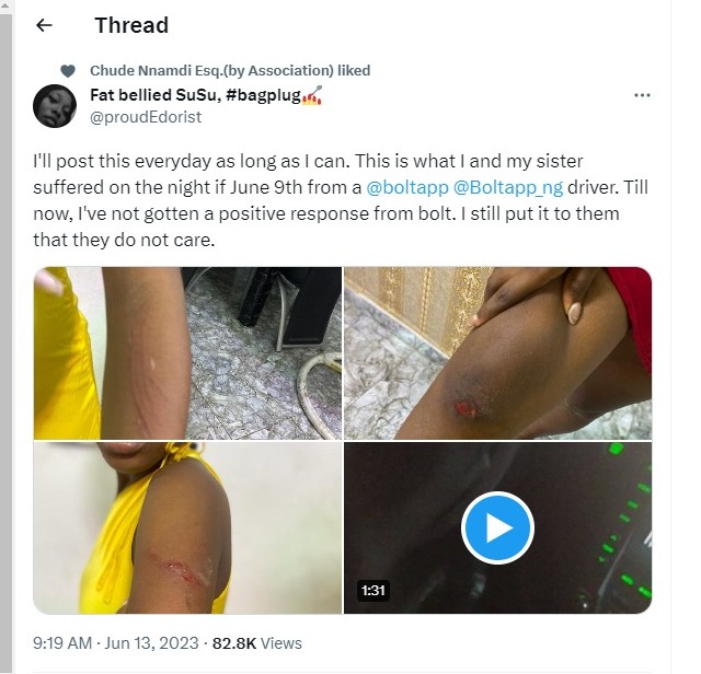 Tweet by victim of assault from Bolt driver