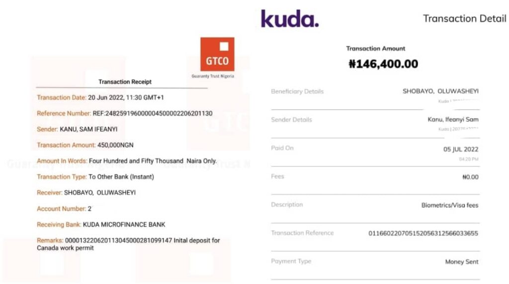 
Receipts of the payment Kanu made to Shobayo