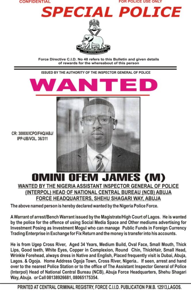 Omini Ofem James Wanted notice by the police