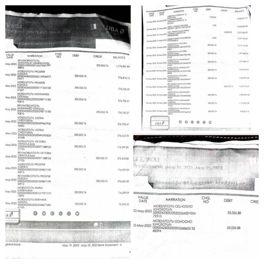 Screenshots of the fraudulent transaction on Oyesiji's account