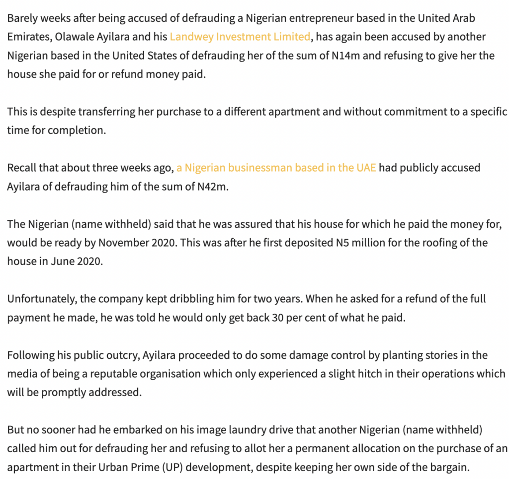 Allegations of fraud against LandWey by  US-based Nigerian