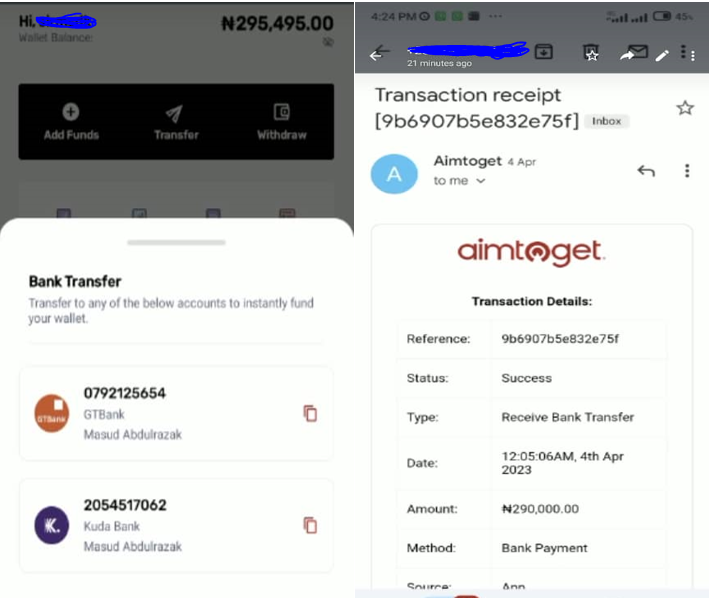 Wallet balance and transaction receipt on Aimtoget