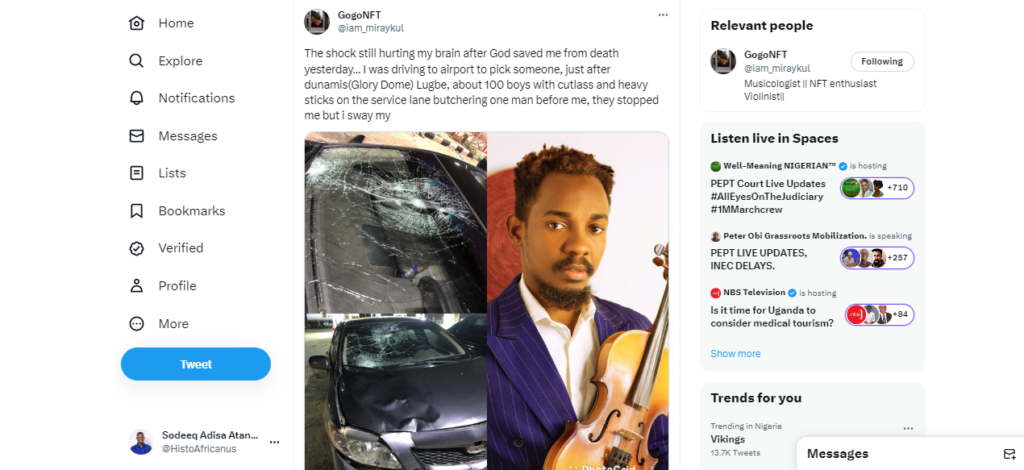 Abuja resident's tweet sharing near-death experience.