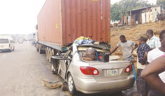 A Toyota Corolla rammed into an articulated vehicle