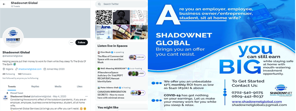 L-R: Shadownet Twitter homepage. Promo flyer