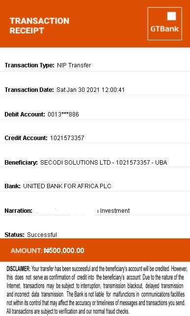 Receipt of payment made to SECODI