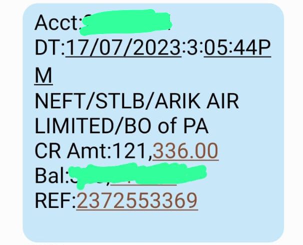 Credit alert of N121,336 refund from Arik Airline to Ogunlade