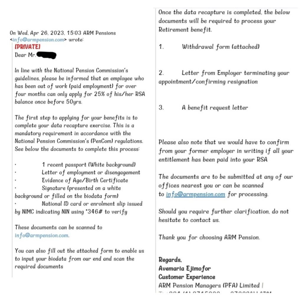 The April 26 email from ARM pension