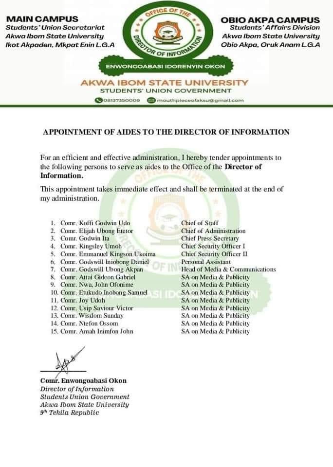 Appointment of Aides to the SUG Director of Information