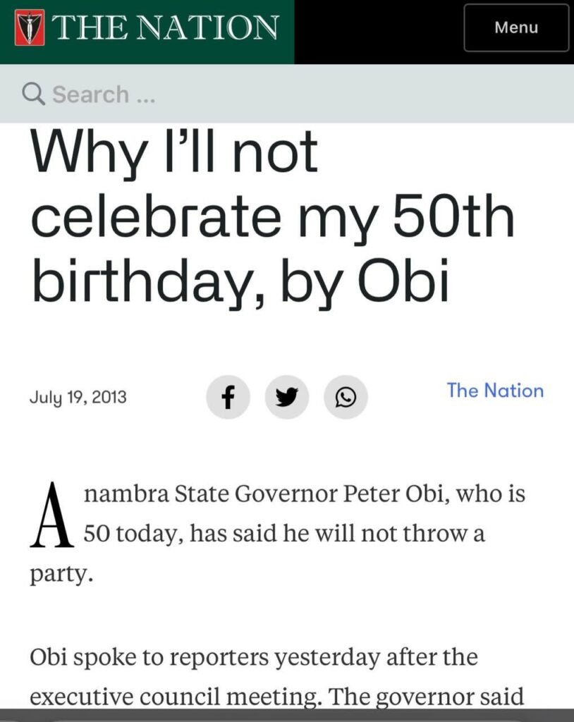 Nation newspaper article claiming Peter Obi was 50