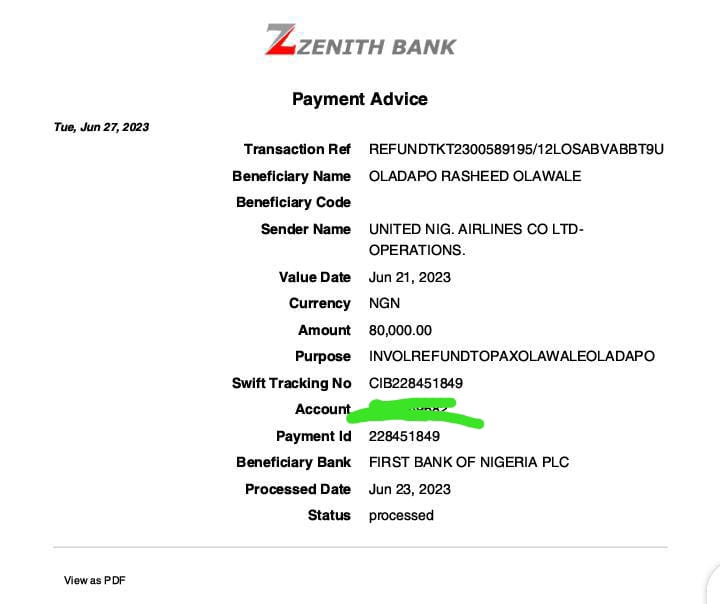 Screenshot of one of the refunds United Nigeria Airlines made