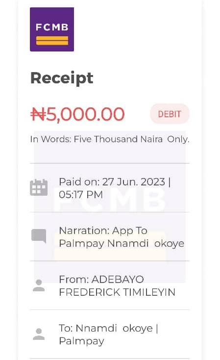 Transfer receipt from Adebayo's bank to Nnamdi Okoye