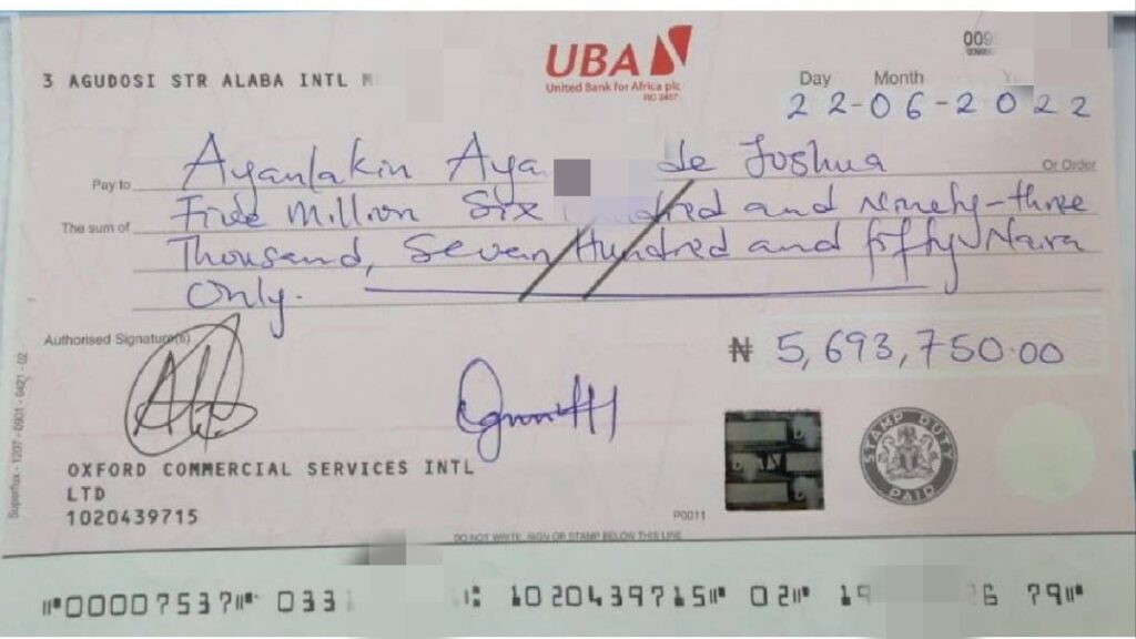 Post-dated cheque given to Joshua by Oxfordgold