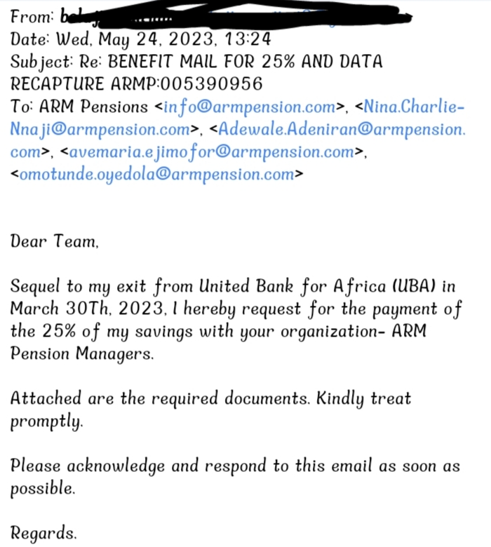 The former UBA employee's May 24 email