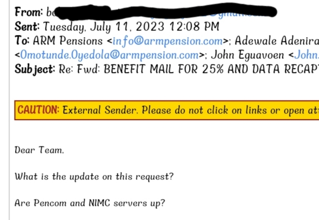 email correspondence between ARM pensions and UBA ex-employee
