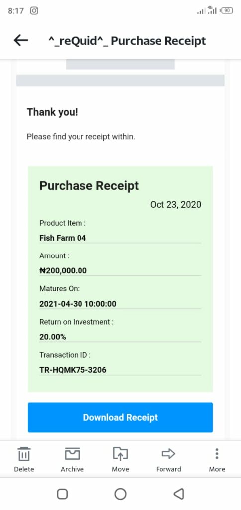 payment receipt of investment from Requid