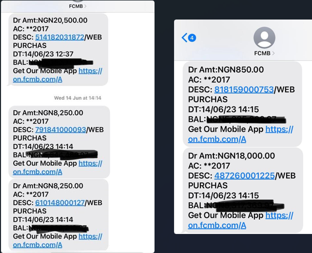 SMS alerts showing debit transactions
