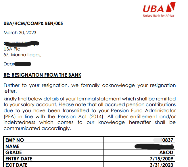 UBA's acknowledgement of his resignation