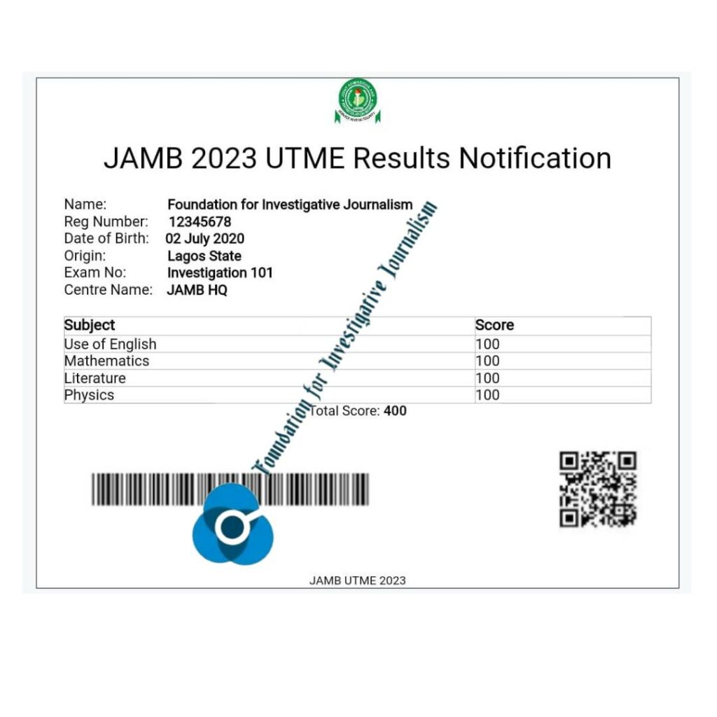 
JAMB UTME result created by FIJ on the app