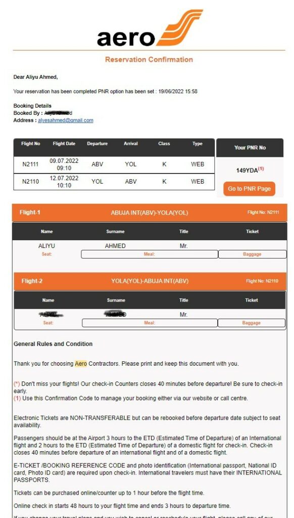 flight reservation confirmation from Aero Contractors