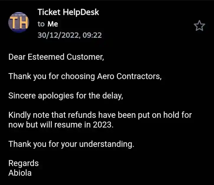 email from Aero Contractors help desk