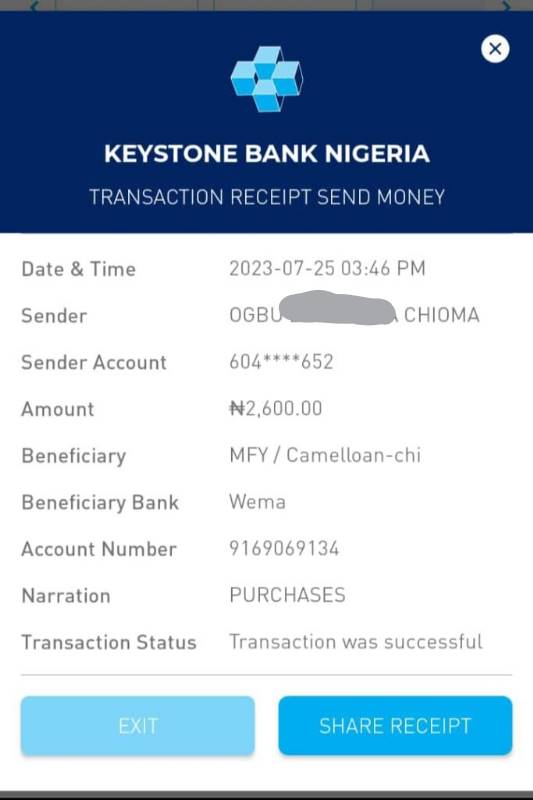 transaction receipt of refund sent to Camel Loan
