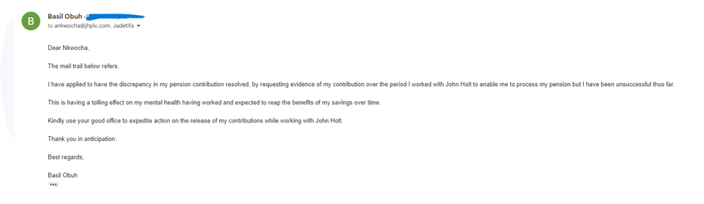 Ex-employee's email to John Holt PLC 