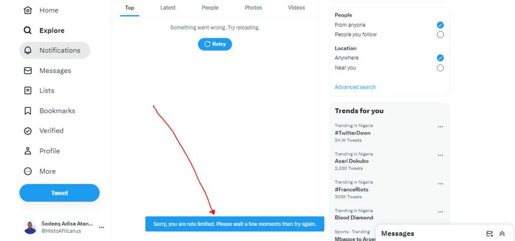 twitter prompt displayed to users following "rate lilit exceeded" introduction