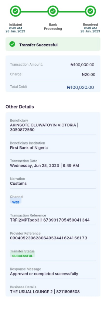 receipt of money transfered to customs officer