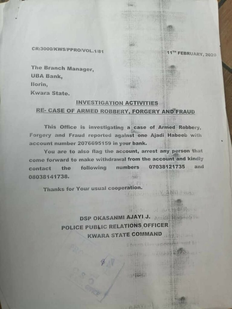 
Copy of the bankers' order issued over Ajadi Habeeb's account