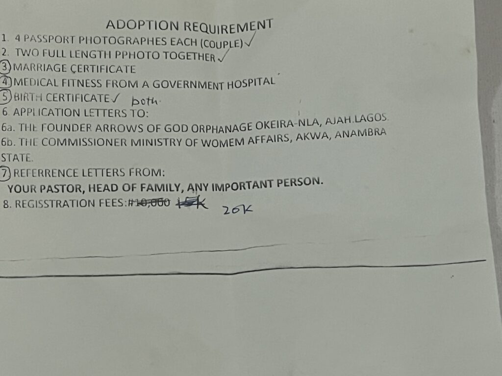 requirements for baby adoption in Arrows of God orphanage