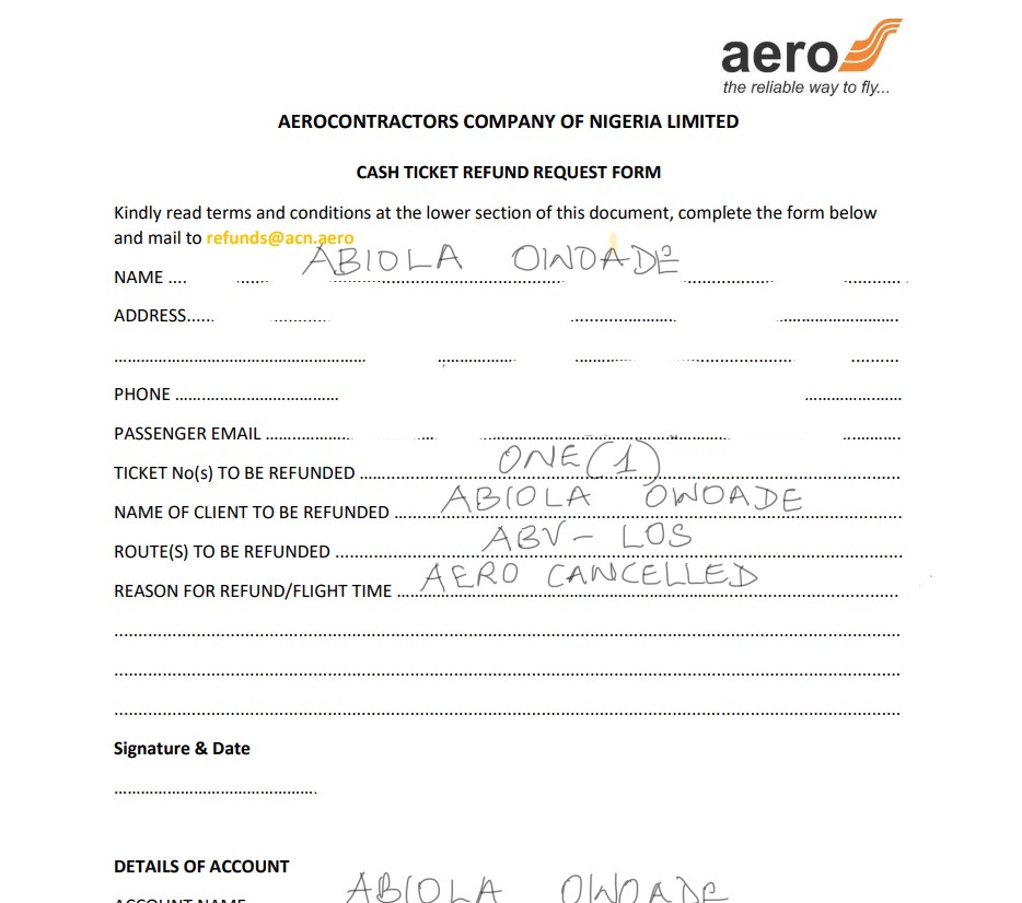 ticket refund request form submitted to Aero Contractors