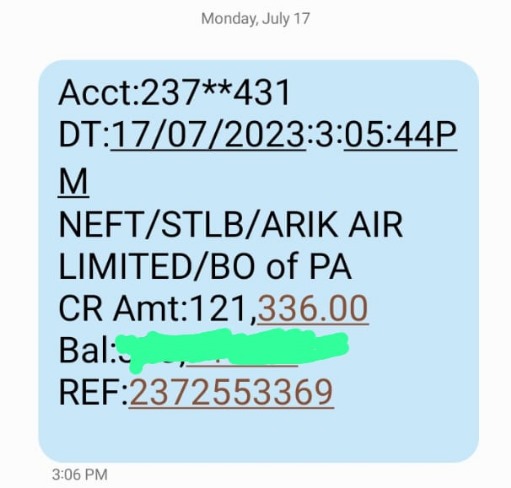 sms showing refund from Arik Air
