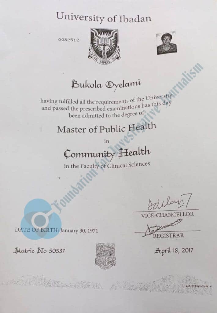 Bukola Oyelami's forged certificate