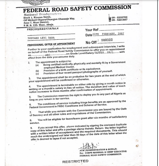 Bawa's appointment letter in 2007 from FRSC