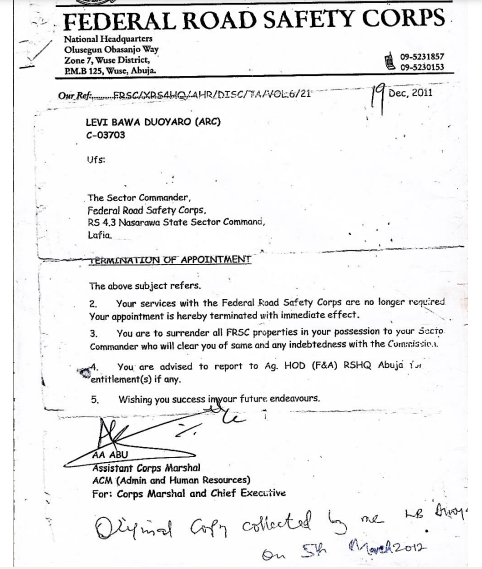 photocopy of termination letter from FRSC