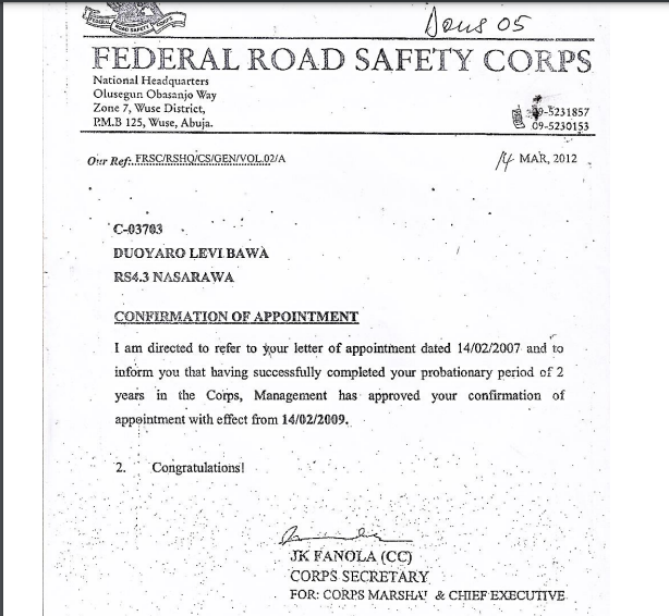 Bawa's appointment letter in 2007 from FRSC