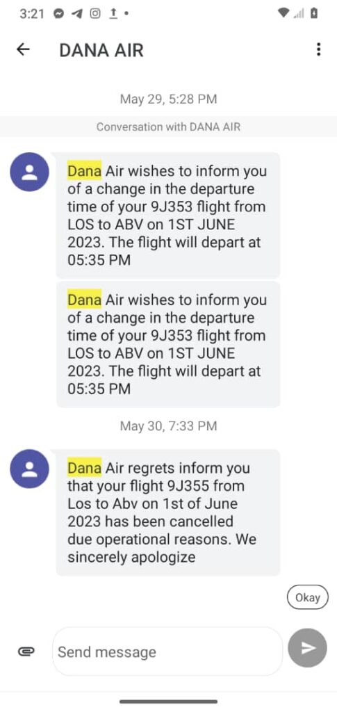 flight cancellation SMS from Dana Air 