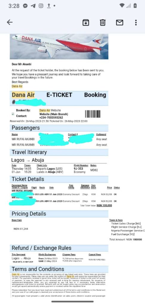 
Akanbi's Flight Ticket from Dana Air