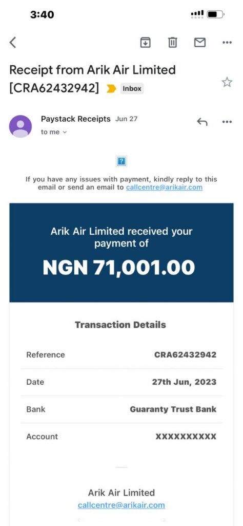 payment receipt for Arik AIr flight ticket