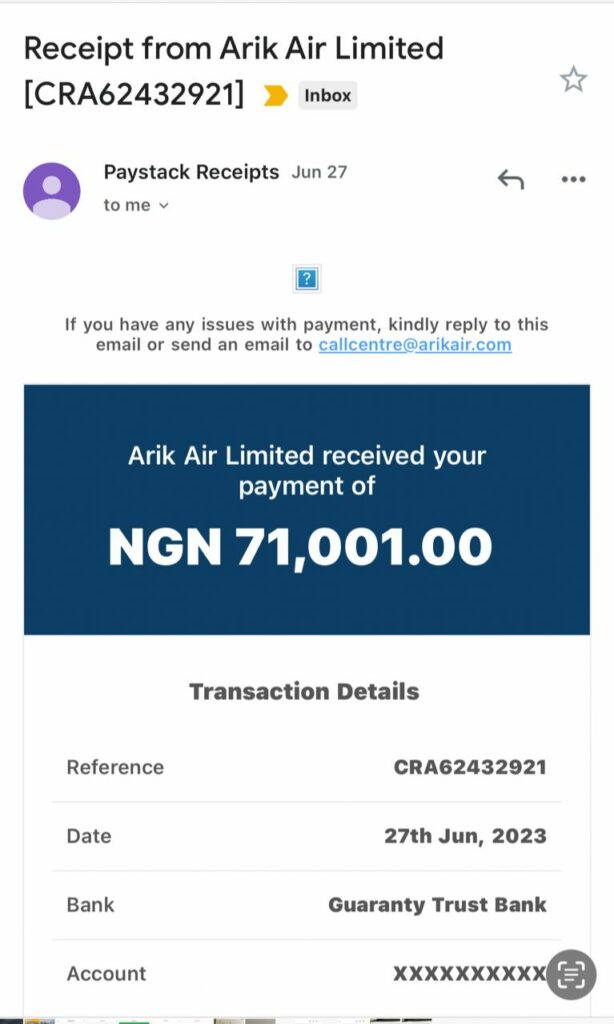 payment receipt for Arik AIr flight ticket
