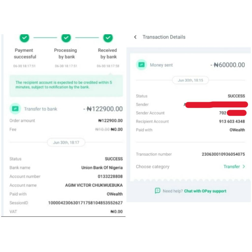 
The two account numbers the PoS merchant was asked to send the money to.