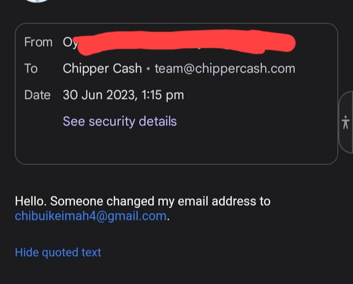 email sent to Chippe cash