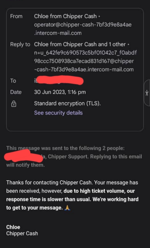 email response from Chipper cash