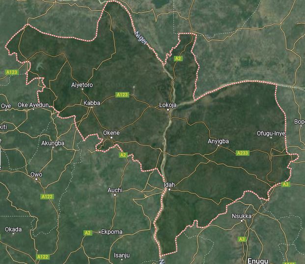 
A satellite map showing Kogi State under a terrain lens