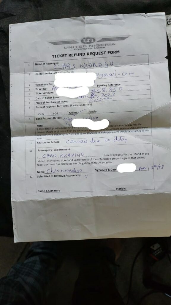 United Nigeria Airline's ticket refund request form