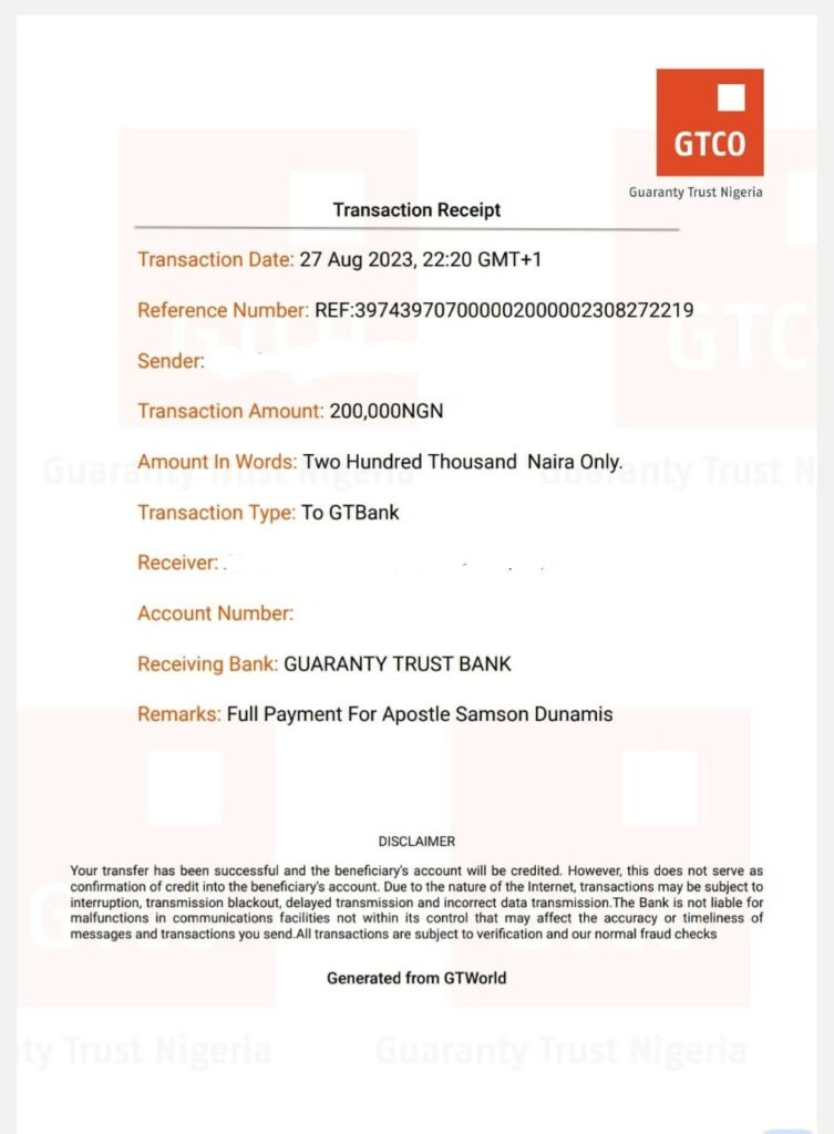transaction receipt showing refund to journalist from Pastor Dunamis