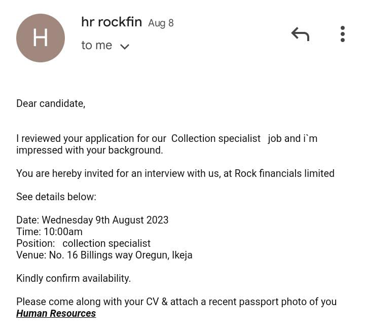 Email invitation to an interview at Rock financials