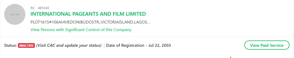 CAC record showing International Pageants and Film LTD's 2003 registration
